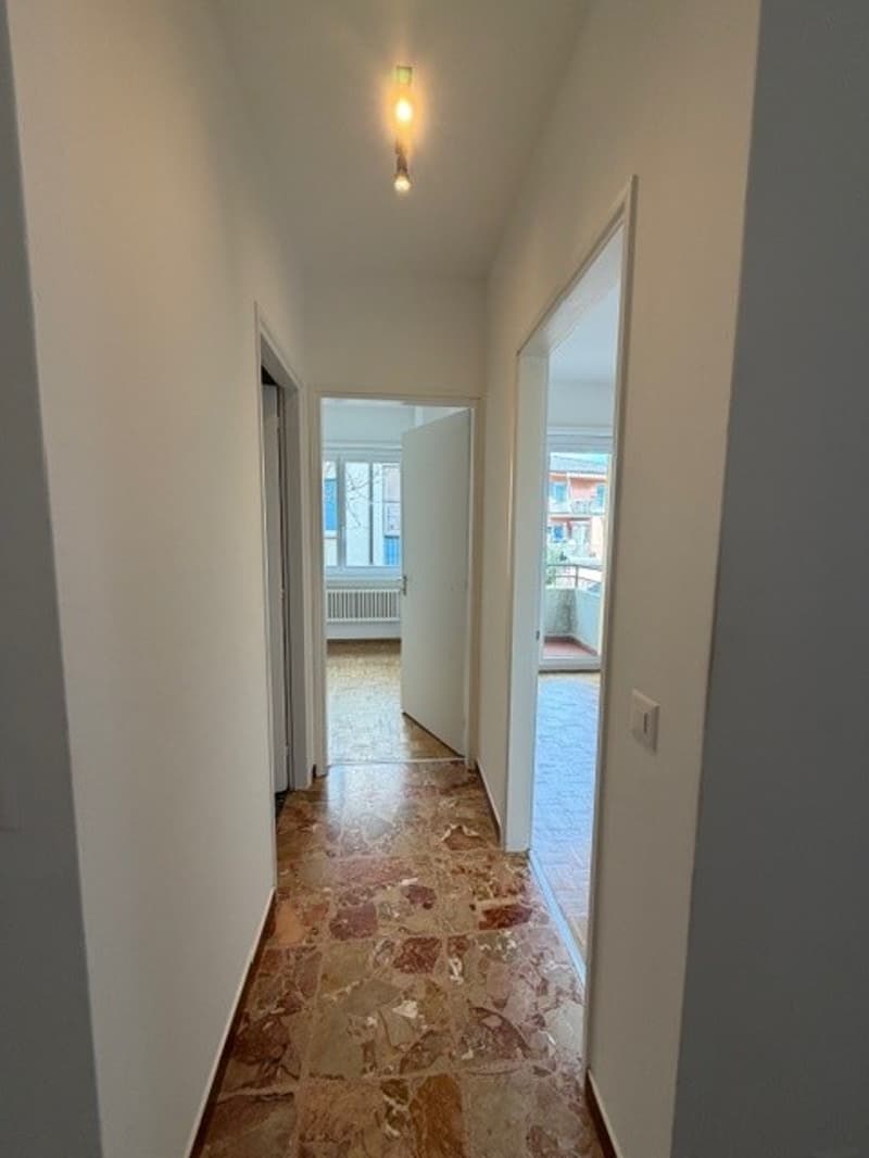 Empty hallway with white walls, brown tiled floor, white doors, windows, and a ceiling light