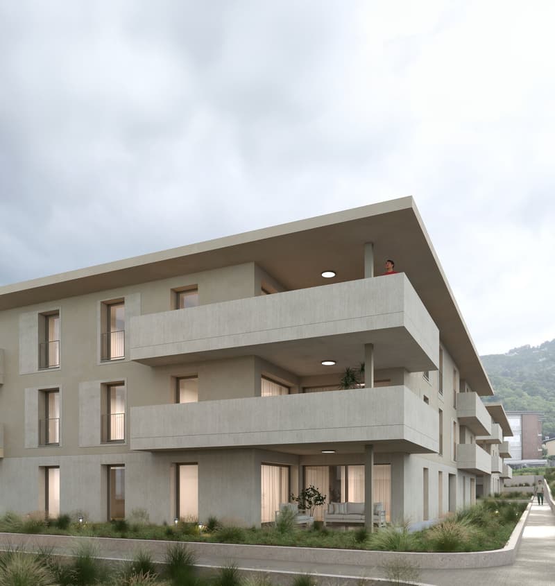 modern design, concrete exterior, multiple balconies, large windows, landscaped garden, pathway