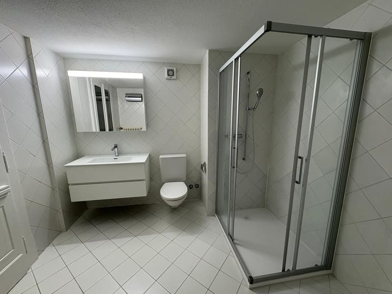 Bathroom with white tiles, glass shower stall, mirror above sink, white vanity, and white toilet.