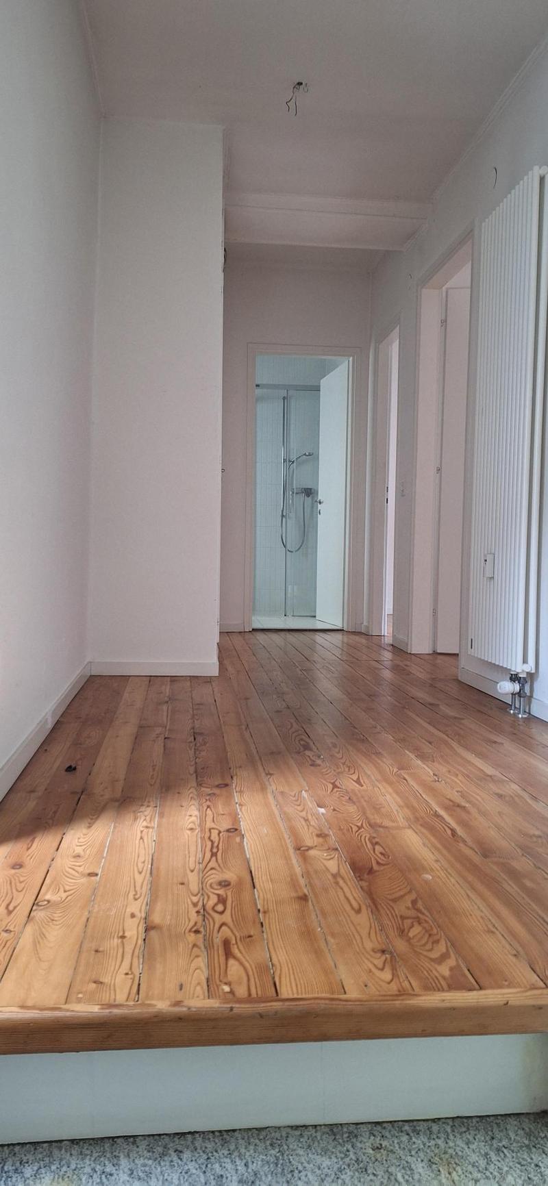 Empty room with wooden floor, white walls, open door, shower in the corner