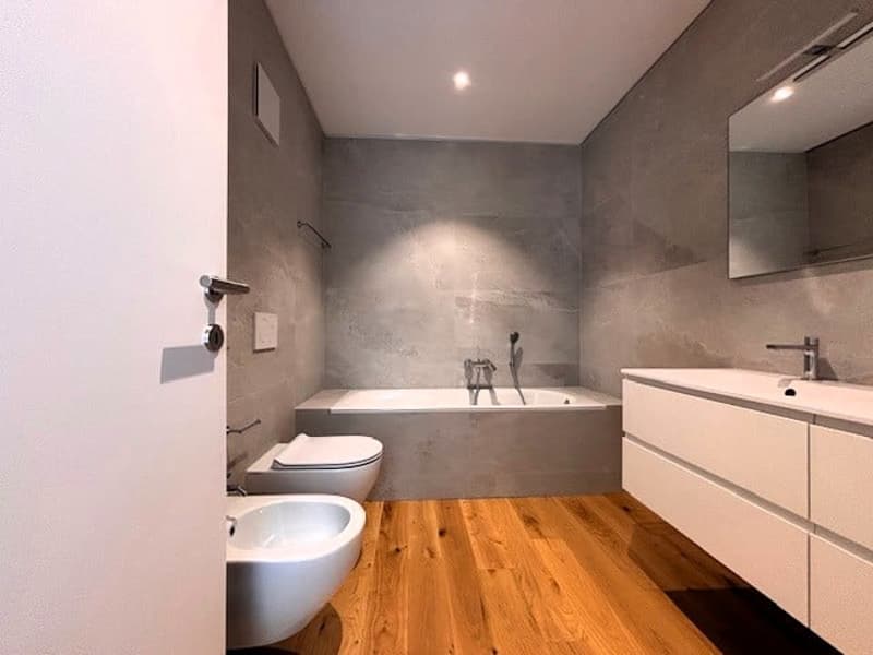Large bathroom with grey tiled walls, a bathtub, a toilet, and a vanity with a sink. The floor is made of wood planks.