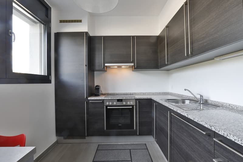 Modern kitchen with dark gray cabinets, granite countertops, built-in oven and stove, and a dishwasher