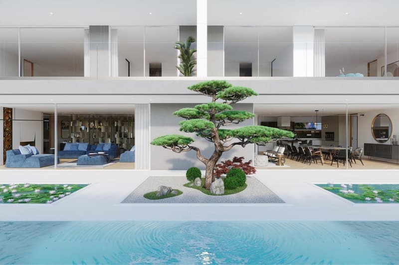 Luxurious modern house with an open floor plan, large windows, and a swimming pool. The house features a bonsai tree and other landscaping elements in the center of the living space. The living room has comfortable blue sofas, and the dining and kitchen a