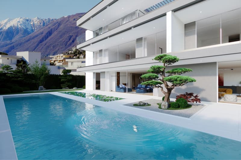Modern two-story house with large windows, a swimming pool, and a balcony or terrace overlooking the mountains. The house has a minimalist design with a Japanese-inspired garden featuring a bonsai tree and other landscaping elements.