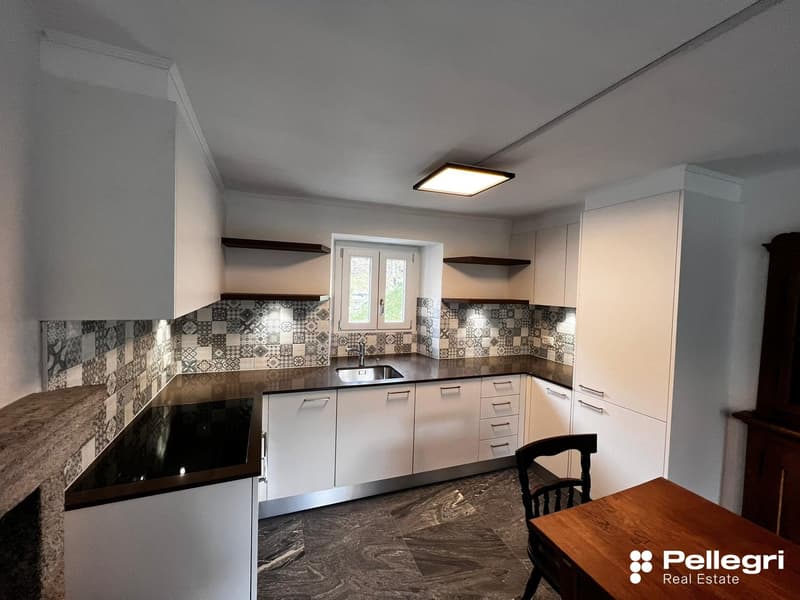 Modern kitchen with white cabinets, patterned tile backsplash, dark countertops, and a dishwasher