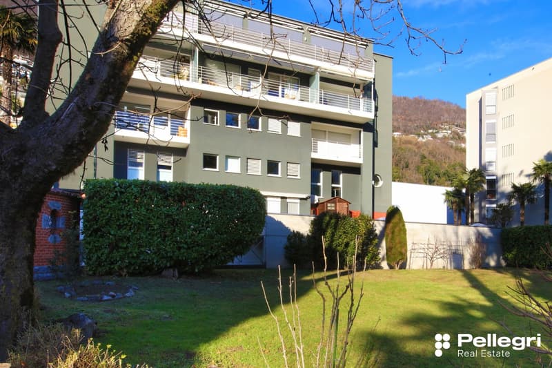 4 story building, green exterior, multiple balconies, brick wall, small house on the side, garden in the front, lawn, bushes