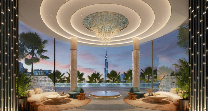 open ceiling with chandelier, circular design, swimming pool, view of city skyline, couches, tables, plants