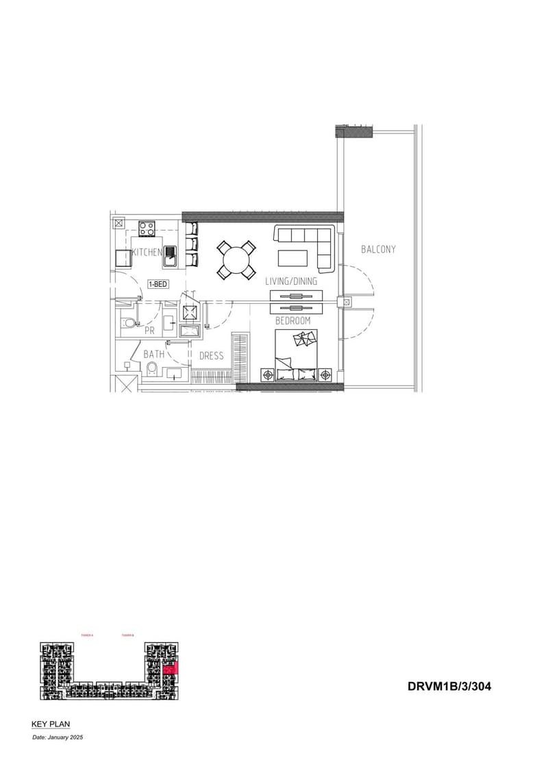 kitchen, living/dining, bedroom, bathroom, dressing room, balcony