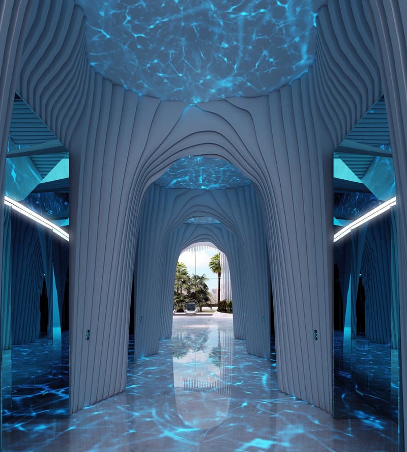 white textured walls and ceiling, wavy pattern, glowing blue light, shiny marble floor, view of outdoor trees
