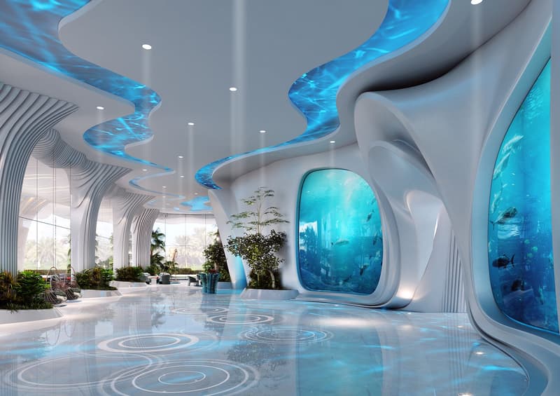 a modern architectural design with a blue and white theme, geometric patterns on the ceiling and walls, a large aquarium in the center, plants and trees, circular patterns on the floor, and an open space with chairs and tables