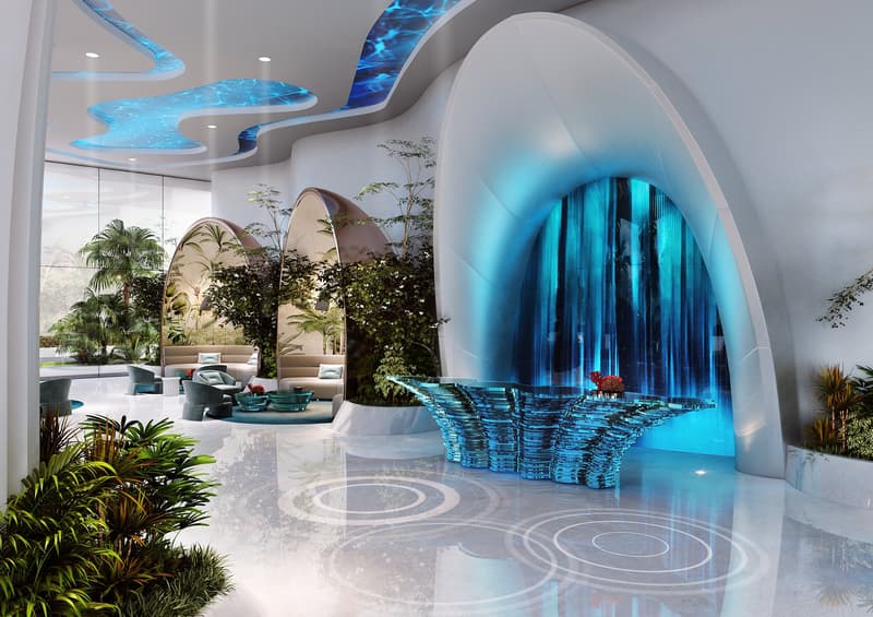 modern design, glass wall, illuminated ceiling, blue and white wall, blue fountain, white tile floor, spiral design, various seating and couches