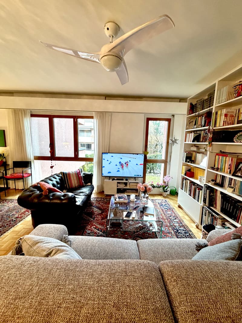Living room with a black leather couch, a gray couch, a glass coffee table, a TV, a bookshelf, and a ceiling fan.