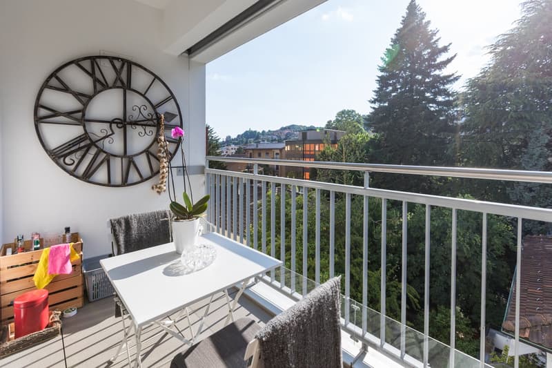 Balcony with table, chairs, potted plant, large clock, storage boxes, trash bin, and a view of trees and buildings