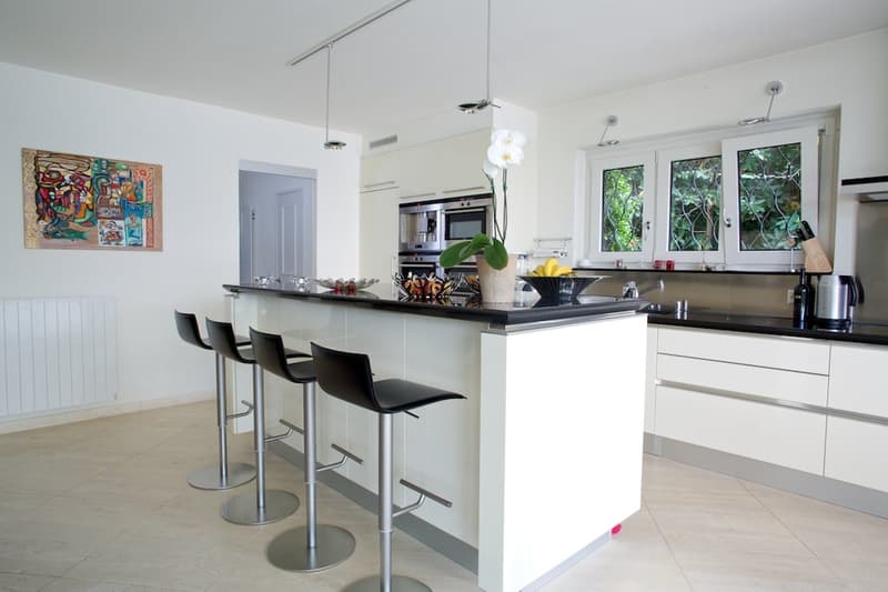 Spacious modern kitchen with white cabinets, black countertops, bar stools, and large windows overlooking greenery. The kitchen features a dishwasher and a colorful artwork on the wall.