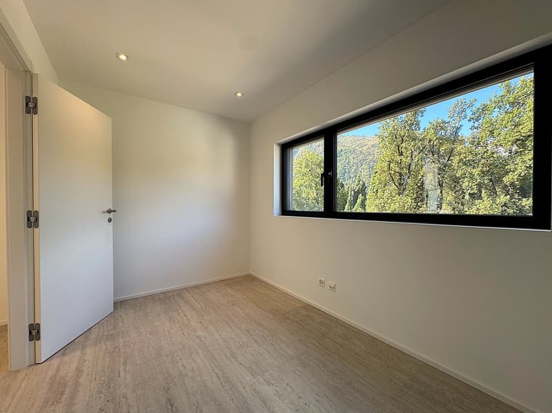 empty room, wooden floor, white walls, large window with view of trees and mountains, ceiling lights