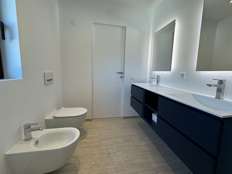modern bathroom with two sinks, mirror, toilet, white walls, wooden floor