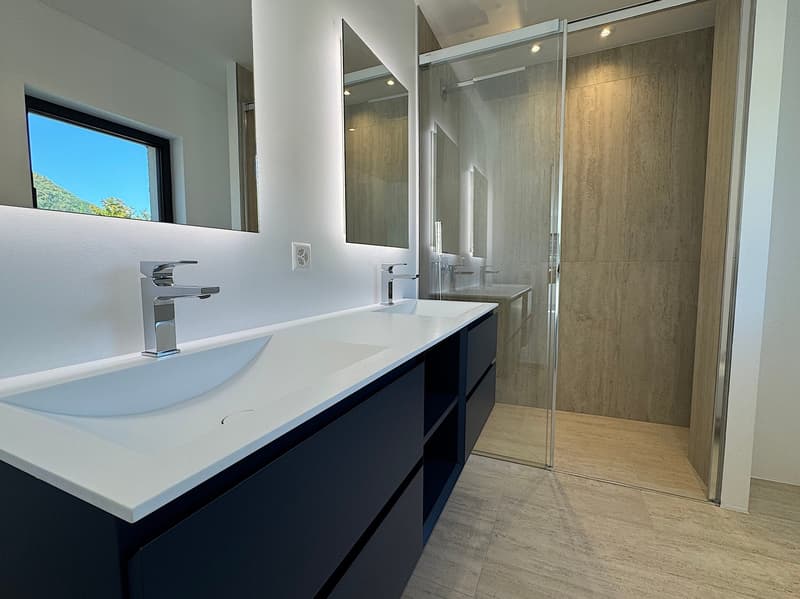 Double sink vanity with modern faucets, large mirrors, walk-in shower with glass door, blue cabinets