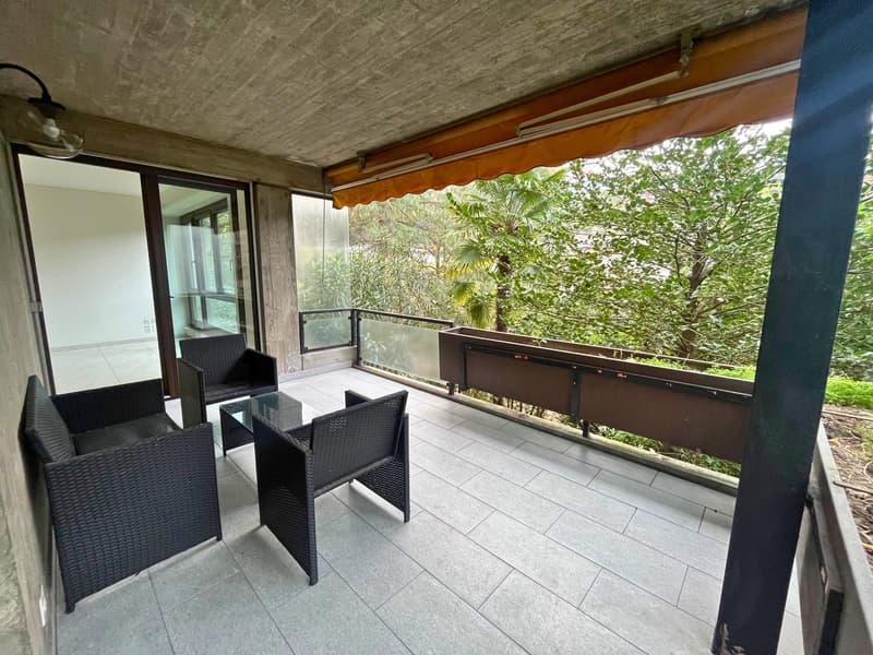 balcony with seating area, glass railing, outdoor lighting, potted plants, view of the forest
