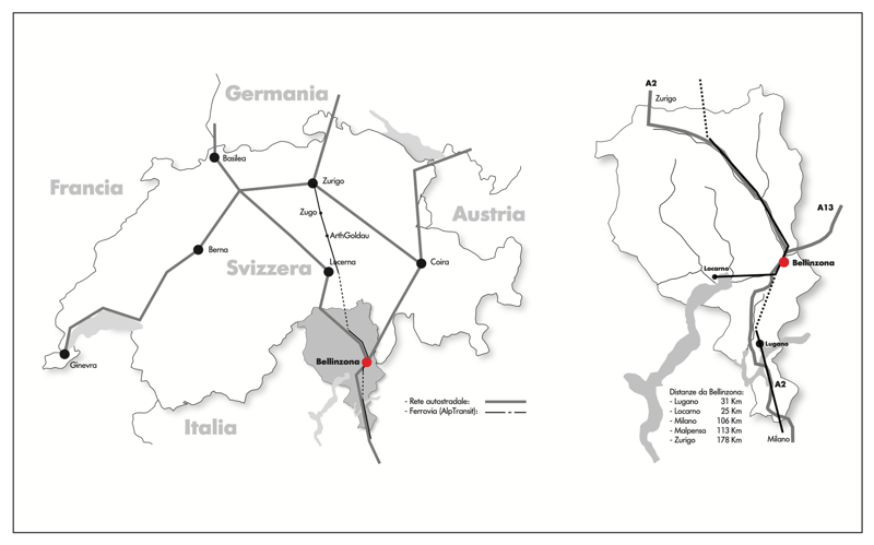 Map showing the location of Bellinzona in Switzerland, with distances to other cities like Lugano, Locarno, Milan, Malpensa, and Zurich.