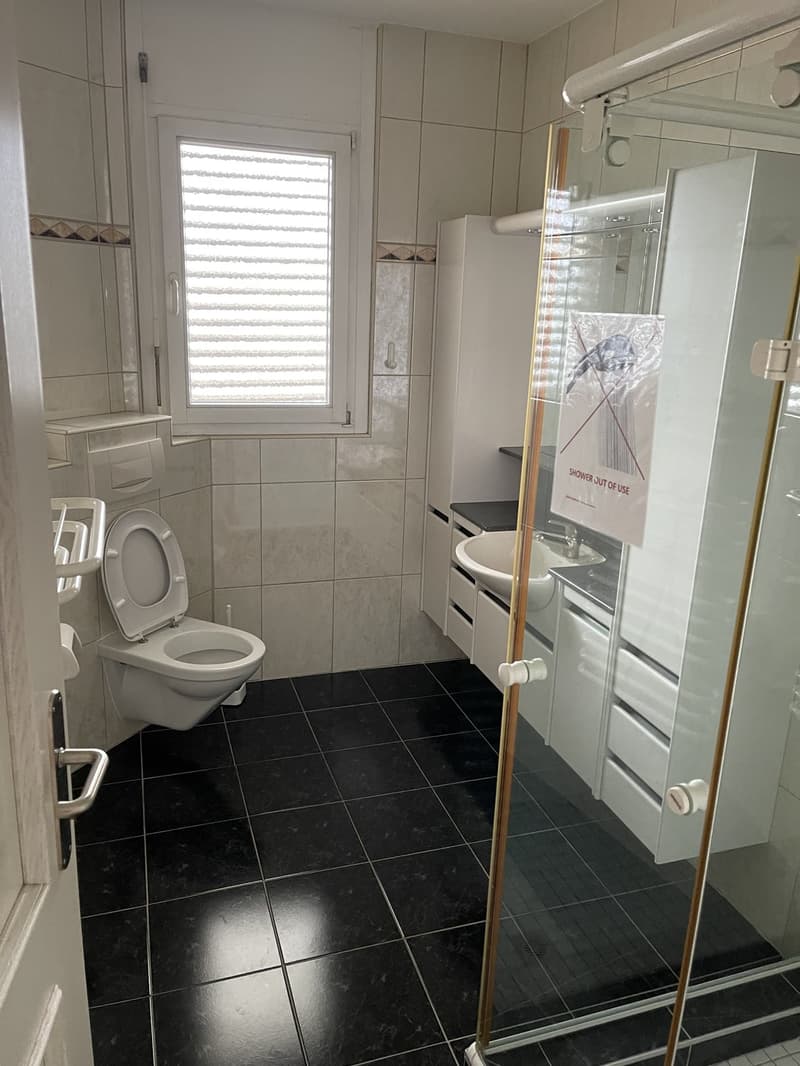 The image shows a bathroom with a toilet, a vanity with a mirror, and a shower stall. The bathroom has white tiled walls and black tile flooring. There is a window that provides natural light to the space.