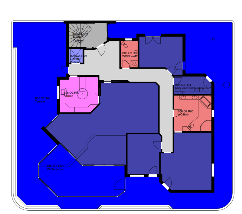 The floor plan shows a 2-story building with a kitchen, dining area, living room, 2 bedrooms, 2 bathrooms, a baby-care and feeding room, and a balcony/terrace.