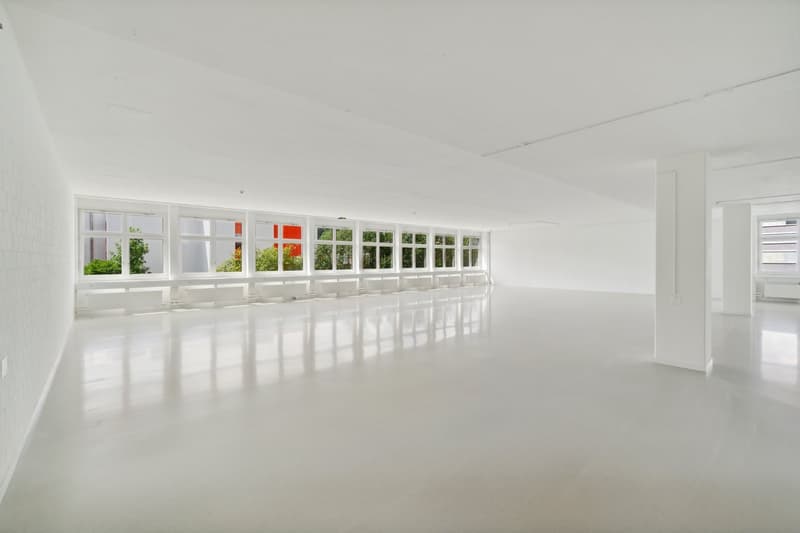 Large, open, and bright room with white walls, high ceilings, and numerous windows providing a view of the surrounding greenery outside. The room appears to be empty, with a polished, reflective floor.