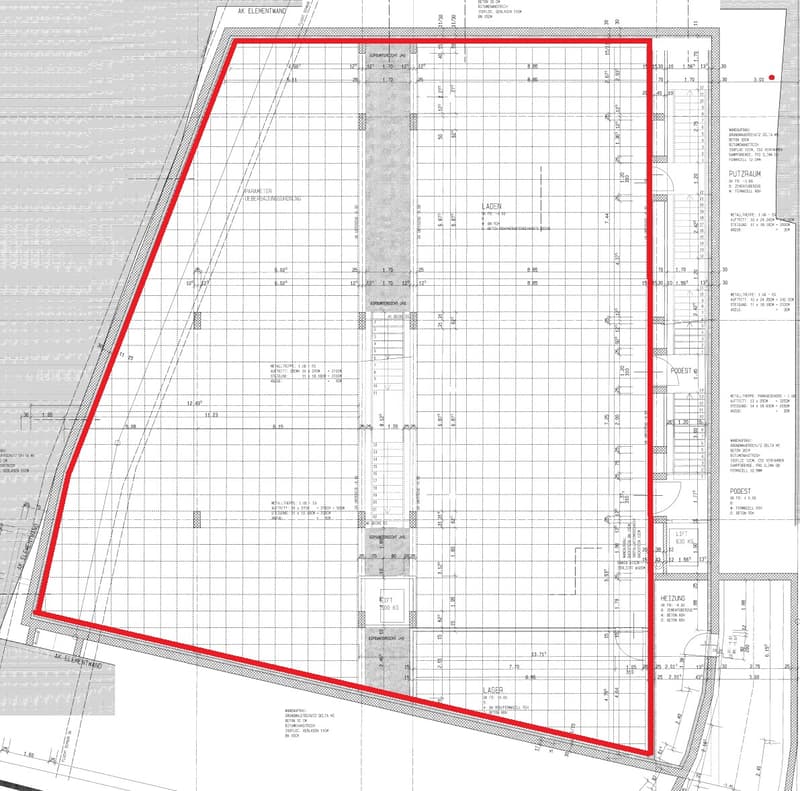 The image appears to be a detailed floor plan or site plan. It shows a large rectangular plot of land with various structures and features within it. The plan includes grid lines, measurements, and labels for different areas such as 'Laden' and 'Heizung'.