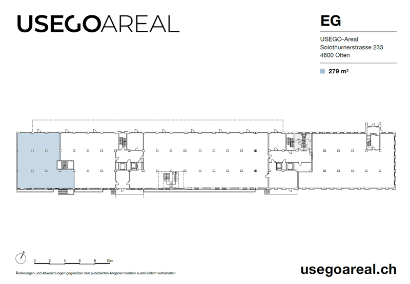 The image shows the floor plan of a commercial or office building. It includes multiple rooms and spaces, such as a large open area, several smaller rooms, and a central staircase or elevator area. The total area of the building is 279 m2.