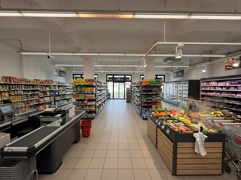 interior of a supermarket, tiled flooring, various goods on shelves, fruits and vegetables section, checkout counters