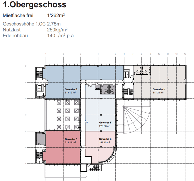 The image shows the floor plan of the first floor (Obergeschoss) of a building. It consists of several commercial units labeled Gewerbe D (212.09 m²), Gewerbe E (153.40 m²), Gewerbe F (226.36 m²), Gewerbe G (318.19 m²), and Gewerbe H (311.26 m²). The tota