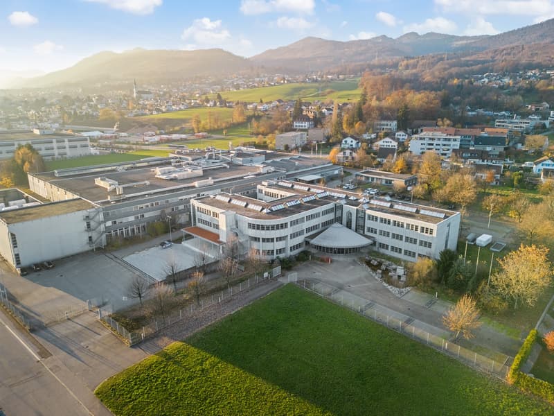 Large multi-story commercial or industrial building complex with a grassy area in the foreground, surrounded by a residential area with trees and mountains in the background.