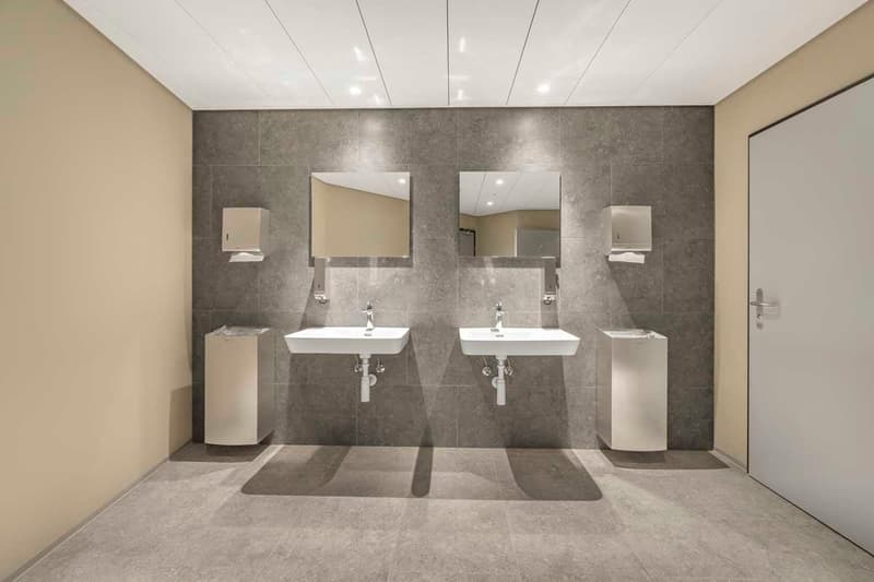 Large bathroom with gray tile walls, two sinks with mirrors, and a private washing machine