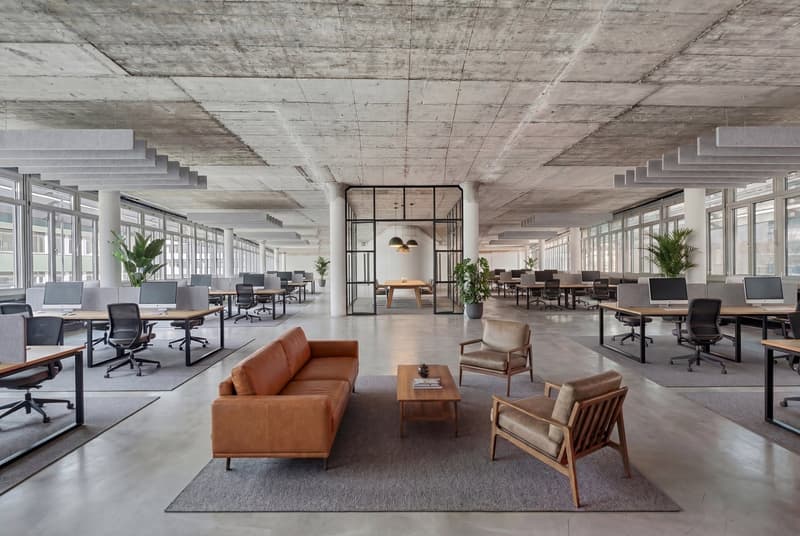 Spacious office with desks, comfortable seating, monitor, chairs, central couch, wooden coffee table, greenery, glass wall