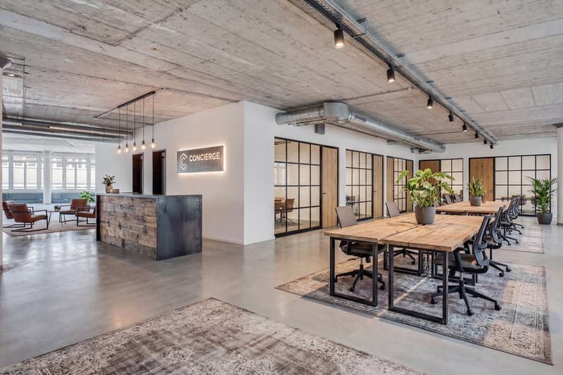modern office space with wooden desks, chairs, potted plants, reception desk, large windows, concrete floor, exposed ceiling beams, industrial lighting
