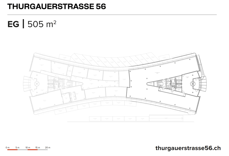 The image shows the floor plan of a property located at Thurgauerstrasse 56, with a total area of 505 m2. The floor plan includes various rooms and spaces, but no specific room names are provided.