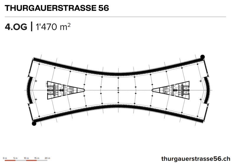 The image shows the floor plan of a property located at Thurgauerstrasse 56. The property has a total area of 1'470 m2 and is labeled as 4.OG, which likely stands for the 4th floor. The floor plan appears to be curved or circular in shape, with various ro