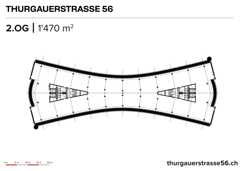 The image shows the floor plan of a property located at Thurgauerstrasse 56. The property has a total area of 1,470 square meters (2.0G). The floor plan appears to be curved or circular in shape, with multiple rooms and spaces arranged around the perimete