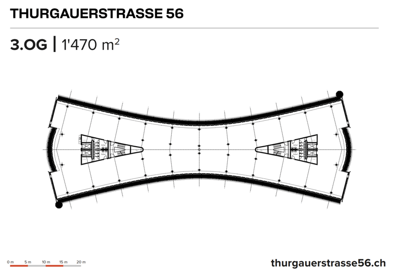The image shows the floor plan of a property located at Thurgauerstrasse 56. The property has a total area of 1,470 square meters (3.0G). The floor plan depicts a curved, semicircular layout with multiple rooms and spaces, but no specific room names are p