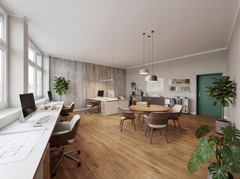 modern office room with wooden floors, white walls, large windows, wooden desks, chairs, round table, plants, monitors, keyboards, and shelves with books