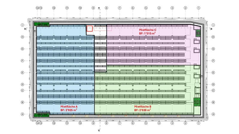 Floor plan includes three rental areas: Mietfläche A, B, and C with respective square footage mentioned.