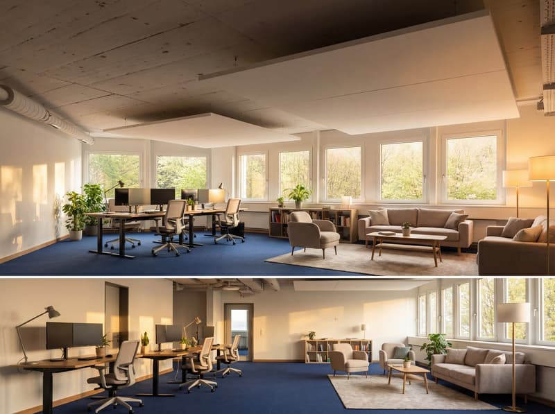 modern office space with large windows, office desks, chairs, couch, table, shelves, potted plants, lamps, blue carpet