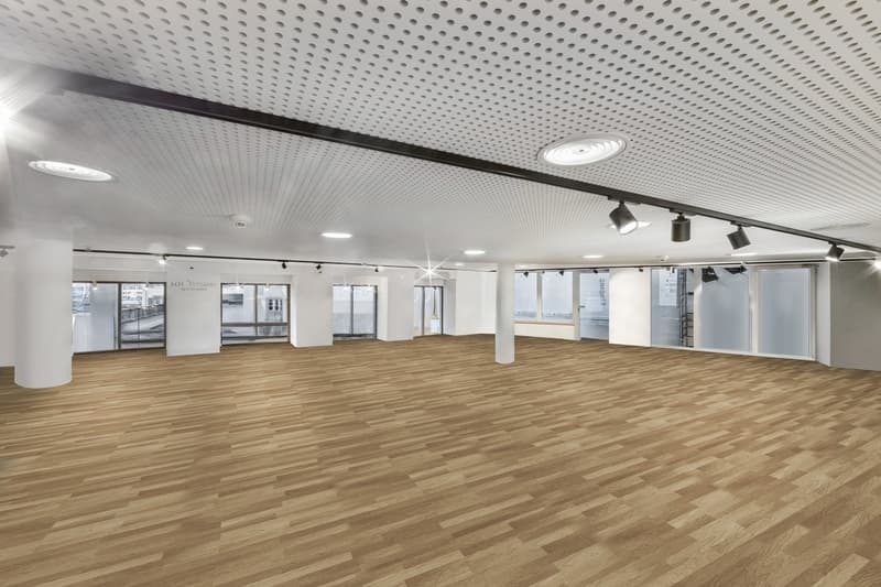 Empty room with wooden floor, white walls, modern lighting, large windows with glass doors, glass walls, suspended ceiling with lighting.