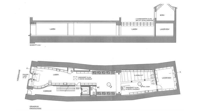 Ground floor plan with entrance, storage rooms, WC, lift, and a climate-controlled room.