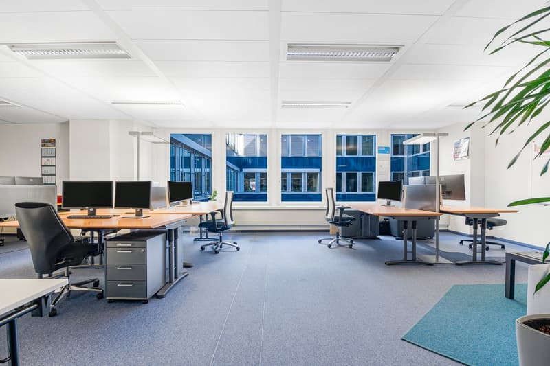 modern office space with desks, chairs, monitors, and plants