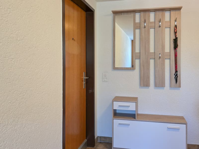 Entryway with wooden door, wooden cabinet with drawers, coat rack with ski poles, mirror