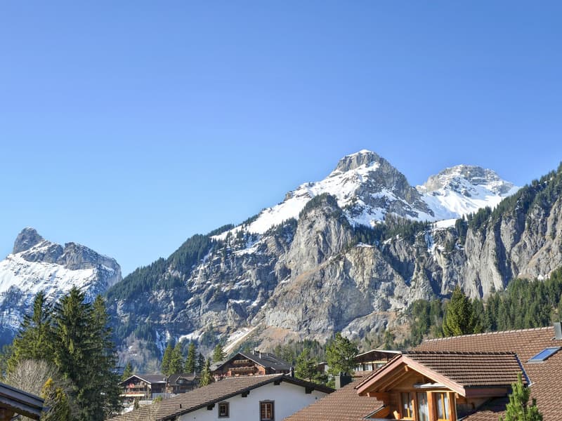 Houses with brown roofs, snowy mountains in the background, clear blue sky