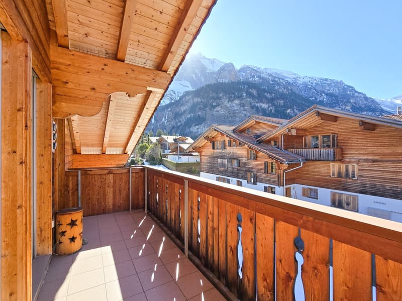 wooden balcony, tiled floor, wooden railing, wooden ceiling, mountain view