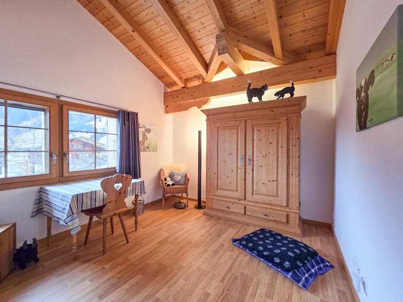wooden floor, wooden ceiling, wooden cabinet, table with chair, window with view, decorative items