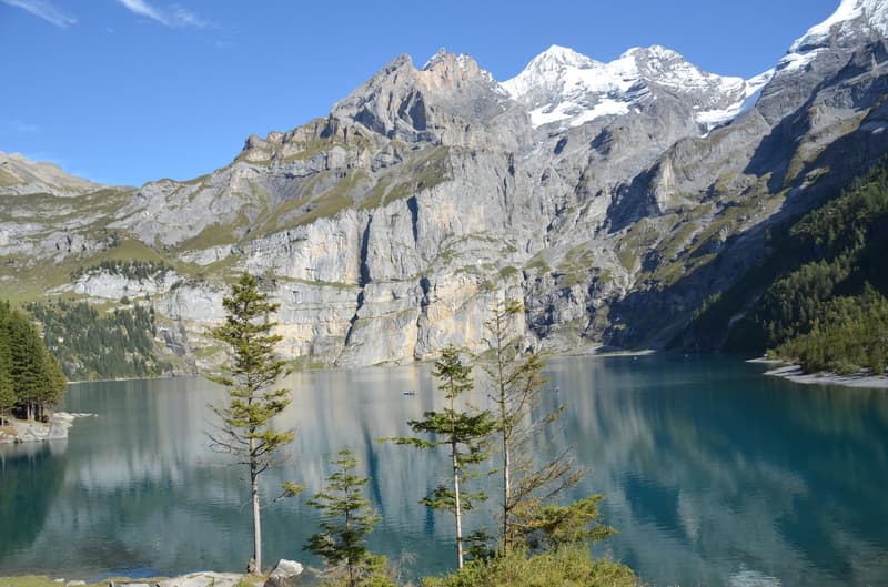 lake, mountains, trees, clear sky