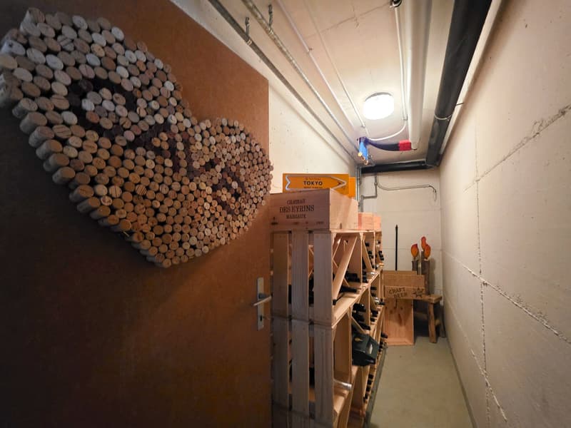 Wine cellar with wooden shelves, heart-shaped cork wall art, wine boxes, and a ceiling light